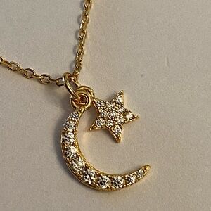Star & Moon Simulated Diamond 14K Gold Plated Sterling Silver Pendant Necklace